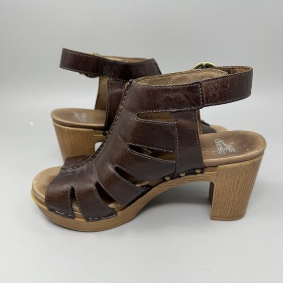 Dansko Sandals Womens 38 7.5-8 Brown Demetra Peep Toe Platform Heels Leather - Picture 2 of 9